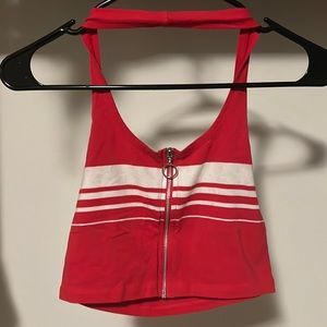red zip up cropped halter top xs